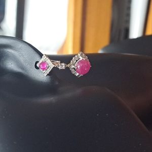 Round red ruby, white topaz 925 sterling dangle earrings 8mm ruby